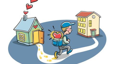 Piirroskuvassa lippalakkipäinen ja reppuselkäinen lapsi kulkee polkua pitkin kodista kouluun. Lapsen repussa näkyy sydän.