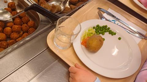 Pastellivärein liukuvärjättyyn huppariin pukeutunut lapsi on ottamassa lihapullia lautaselleen linjastossa.