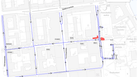 Puutarhakadun ja Aleksis Kiven kadun liikennejärjestelyt maaliskuussa 2026 kartalla