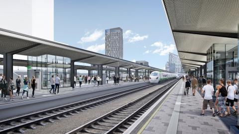 Havainnekuva rautatieasemalta Tampereen henkilöratapiha -hankkeen valmistuttua. Laitureilla näkyy uudet katokset.