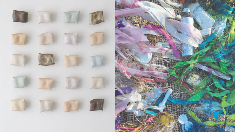 Two pictures, the left showing small ceramic pillows on the wall and the right showing colourful bits of rubbish and fabric with a net in the background.