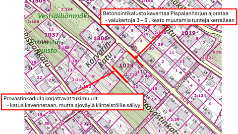 Karttakuva Provastinkadusta. Kuvassa kerrotaan, että Provastinkadulla korjattavien tukimuurien sijainti ja mistä katua kavennetaan. Lisäksi kerrotaan, missä betonointikalusto kaventaa Pispalanharjun ajorataa.