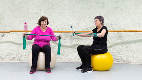 Two senior-aged women are sitting on exercise balls and stretching a resistance band in their hands.