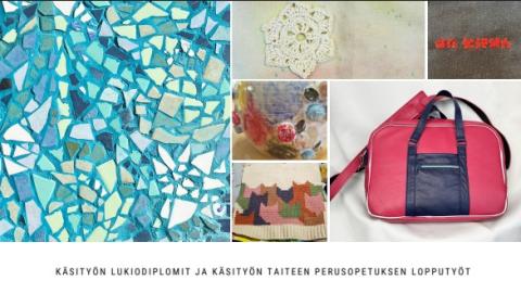 Omin käsin -näyttelyn esite, esitteessä kuvia näyttelyn töistä