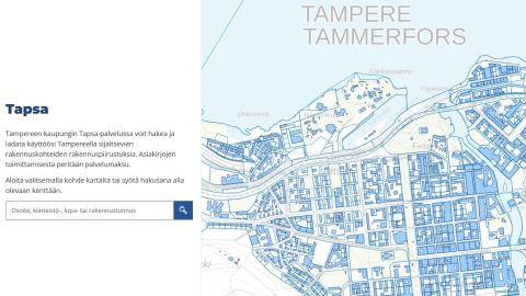 Tapsa-myyntipalvelun etusivu, jossa näkyy Tampereen kartta.