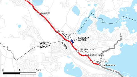 Karttakuva Lielahti-Ylöjärven raitiotiereitin suunnitelmasta.