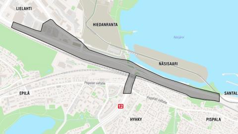 Karttakuvassa näkyy suunnittelualue rajattuna Lielahdenkatuun ja Rosenlewin ratasiltaan. Mukana on myös Vaitinaron liittymä.