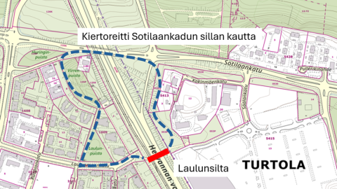 Turtolan Laulunsillan kulkureitit remontin aikana.