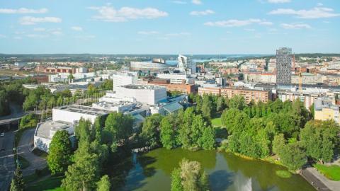 Tampere Hall and the summer cityscape seen from the air. 
