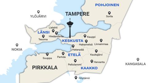 Tyylitelty karttakuva Tampereesta ja ympäristökunnista