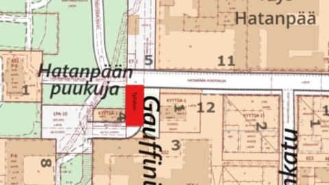 Hatanpään Gauffininkadun työalue merkattuna karttakuvaan.