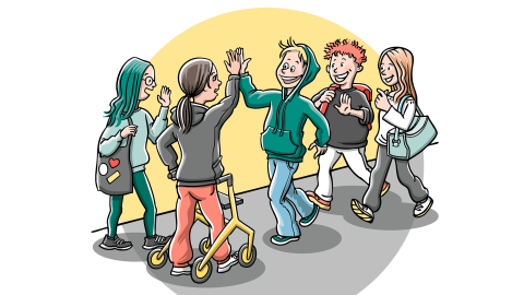 In the illustration, five smiling young people are meeting up. Two of them are high-fiving each other. One of the young people is using a rollator.
