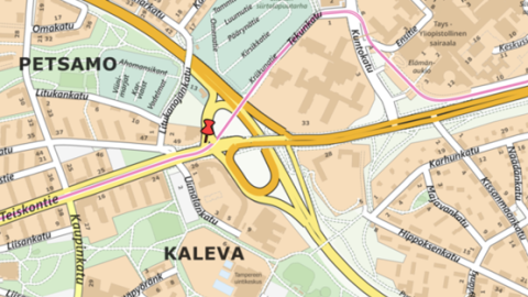 Teiskontien raitiotien ylityskohdan karttakuva.