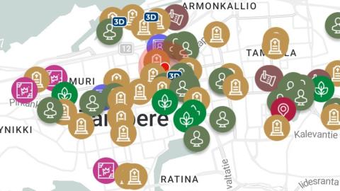 Julkisen taiteen sijainnista kertovia karttapisteitä Tampereen kaupungin kartalla.