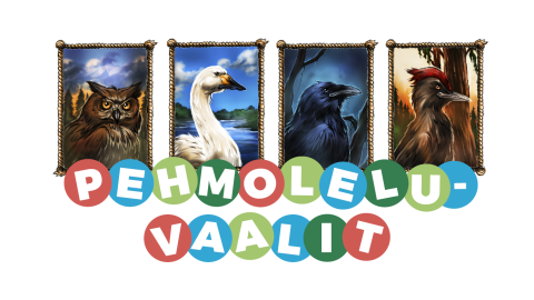 neljä piirrettyä lintua ja teksti pehmoleluvaalit