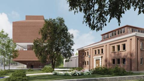 Havainnekuva Tampereen taidemuseosta ja sen viereen suunnitellusta uudisrakennuksesta.