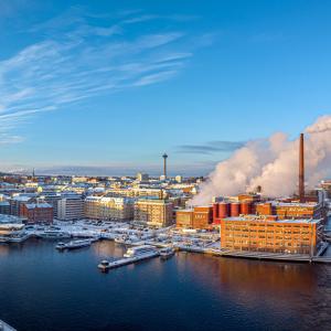 In the winter landscape, clouds of steam from the factory&#039;s smokestack accumulate in the blue sky above the Ratina marsh and Laukontori.  