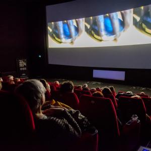 Yleisöä salissa katsomassa elokuvaa.