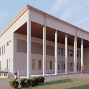 Lamminpään uuden kolmikerroksisen koulurakennuksen suunnittelukuvassa sisäänkäynnin edustalla on pylväikkörivistö.