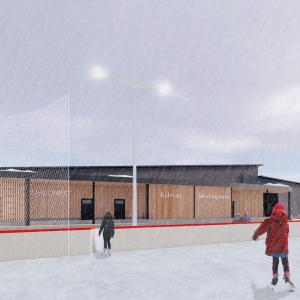 Arkkitehdin havainnekuva suunnitelma Kalevan liikuntapuiston puuverhoillusta huoltorakennuksesta, kuvan näkymä jääkiekkokaukalon suunnasta ja edustalla luistelijoita jäällä..