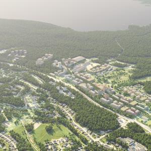 The image shows apartments between forested areas. Illustration of the new area north of Teiskontie road.