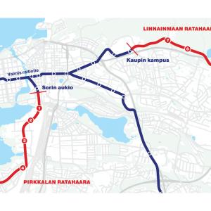 Karttakuvat, jossa pysäkit Tampereen puolella numeroituina.