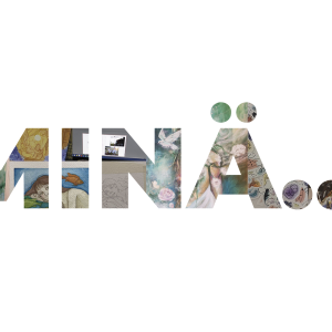 Minä...-teksti, jossa kirjainten sisällä kuvia teoksista.