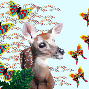 Kuvataidekollaasi, jossa on peura ja perhosia.