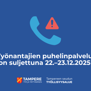 Kuvassa on puhelimen luuri ja vieressä punainen kolmio, jonka sisällä on huutomerkki. Tekstissä lukee Työnantajien puhelinpalvelu on suljettuna 22.-23.12.2025.