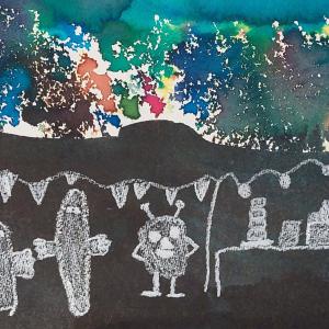 Lapsen piirtämä teos, jossa ylhäällä värikäs ilotulitus ja alhaalla juhlivia hahmoja tummaa taustaa vasten.