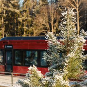 Ratikka talvimaisemassa.