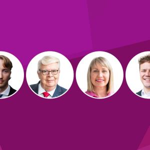 On a fuchsia background are four white balls with the faces of the mayor, the chair of the city council and two deputy mayors.