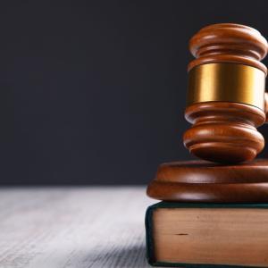 Pöytäpinnalla lakikirja. Kirjan päällä on puunuija ja sen alusta, johon nuijaa kopautetaan. 