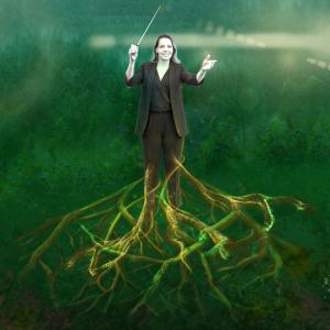 A figure conducts music in a green forest-like setting, with the figure’s legs transforming into branching roots extending into the ground.