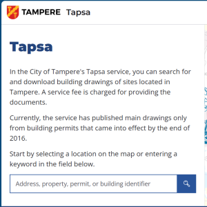 Tapsa sales service homepage showing a map of Tampere.