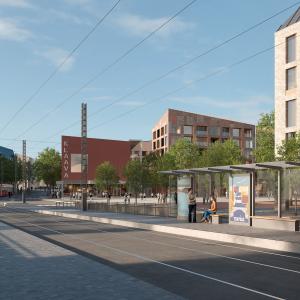 Kuvassa katunäkymää Vuoreksen puistokadulta, jossa hahmoteltu raitiotietä. Kuva: Tampereen kaupunki ja Luo Arkkitehdit Oy