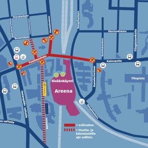 Kartta, missä näkyy katuosuudet, joilla tapahtuu liikennemuutoksia.