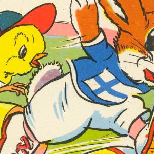 Piirretyssä kuvassa pääsiäistipu ja pupu juoksevat vierekkäin.