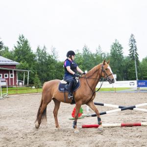Ratsastaja liikkuu hevosen kanssa esteradalla.