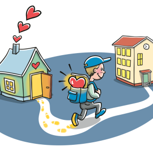 Piirroskuvassa lippalakkipäinen ja reppuselkäinen lapsi kulkee polkua pitkin kodista kouluun. Lapsen repussa näkyy sydän.