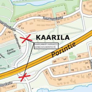 Kaarilankadun liikennejärjestelyt kartassa kuva, mistä katu on poikki.