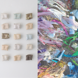Two pictures, the left showing small ceramic pillows on the wall and the right showing colourful bits of rubbish and fabric with a net in the background.