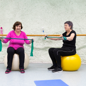 Two senior-aged women are sitting on exercise balls and stretching a resistance band in their hands.