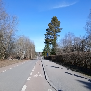 Keväinen kuva Korkinmäenkadulta, jossa näkyy ajorata ja pyöräkaistat.