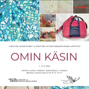 Omin käsin -näyttelyn esite, esitteessä kuvia näyttelyn töistä