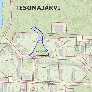 Tesmanperkon viheralueen sijainti merkitty sinisellä rajauksella kartassa.
