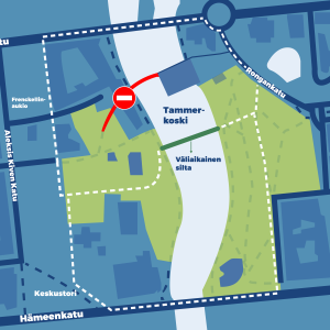 Valssipadonraitin liikennejärjestelyt ja korvaavat yhteydet Satakunnansillan ja Hämeensillan sekä väliaikaisen sillan kautta.