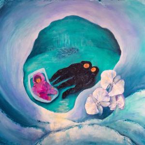 A painting depicting a couple dressed in black lying on a turquoise-blue background.