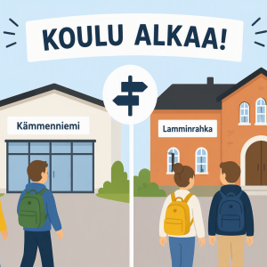 koulu alkaa, kaksi eri koulua, oppilaat menossa kouluun