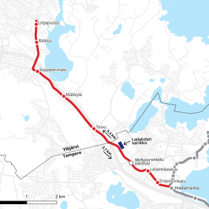 Karttakuva Lielahti-Ylöjärven raitiotiereitin suunnitelmasta.